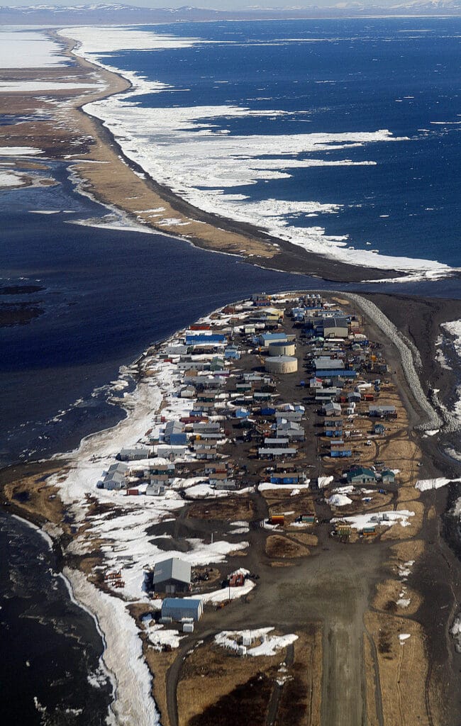 Aerial view of small Arctic town of Kivalina, Alaska, and other barrier islands.