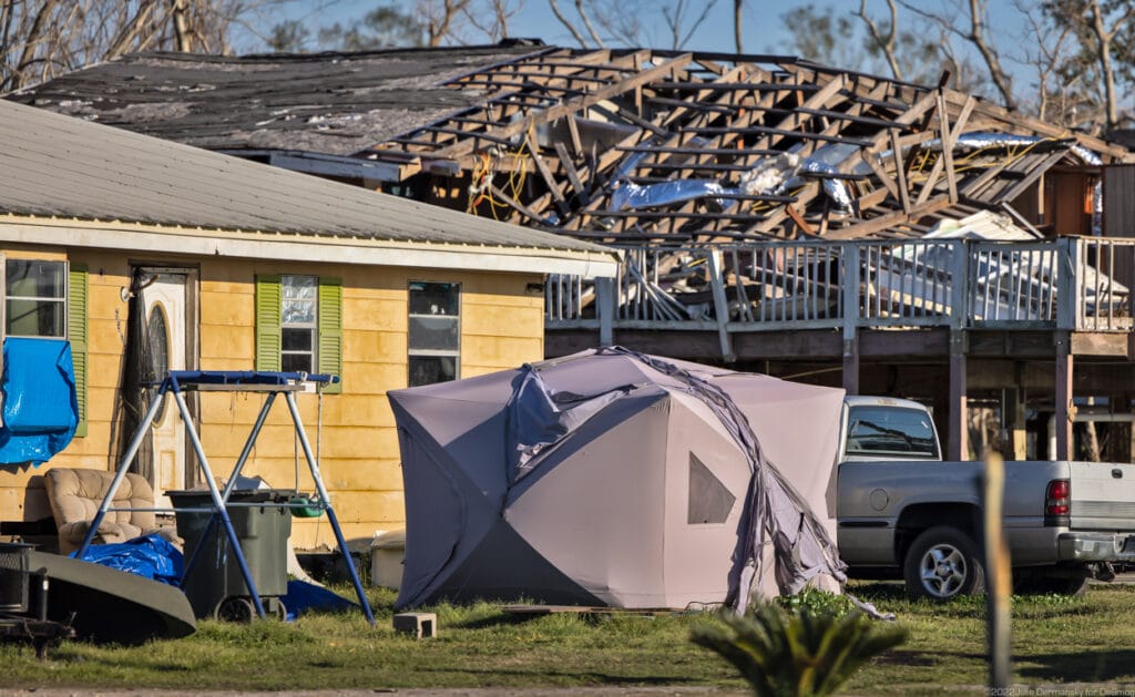 Tent on the lawn of a home damaged by Ida in Terrebonne Parish. Credit: Julie Dermansky.