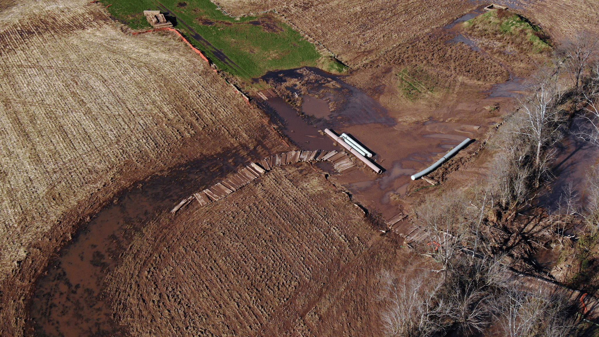 An aerial view of incomplete sections of the Mountain Valley Pipeline in Virginia