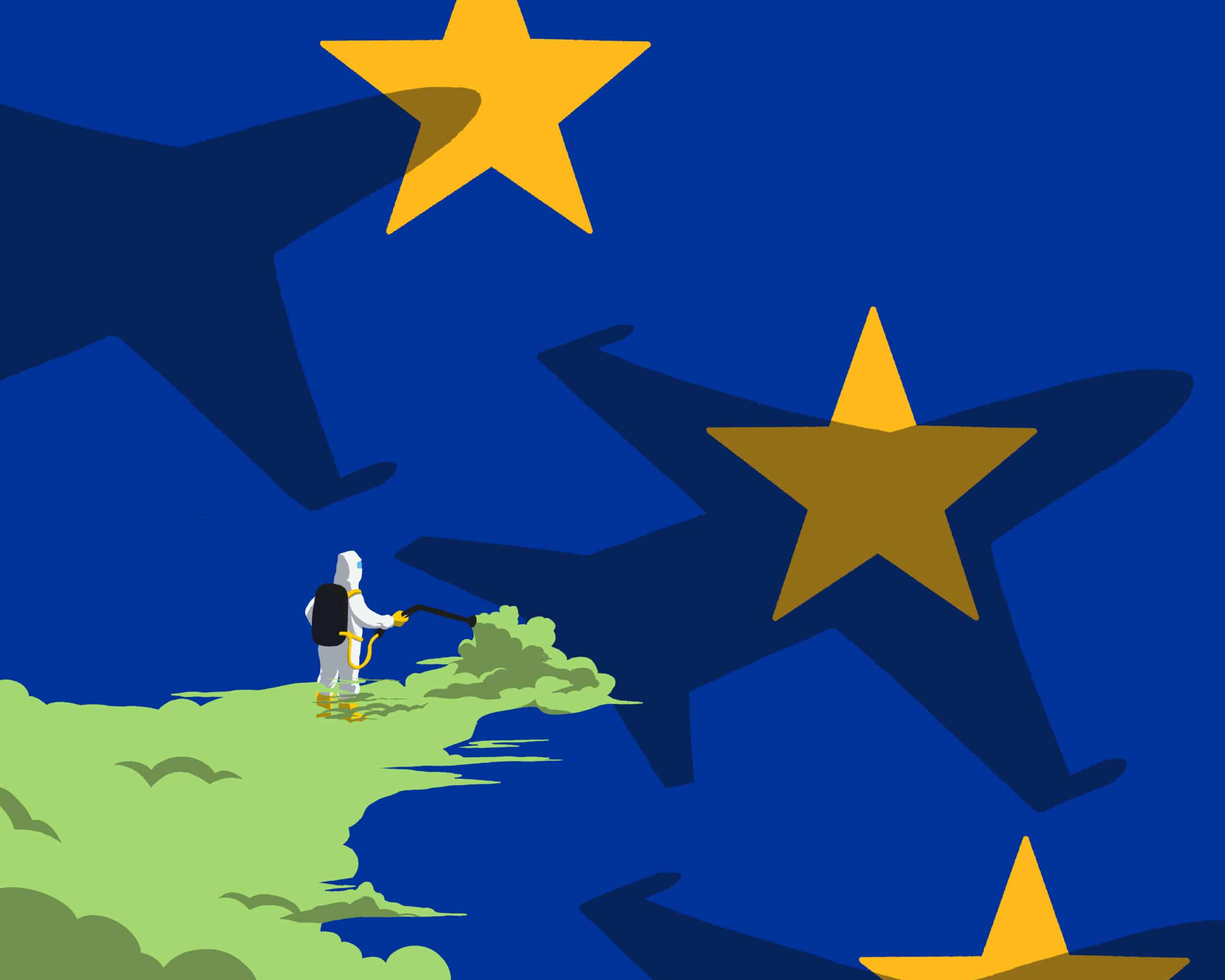 an illustration of a person spraying pesticides on the EU flag