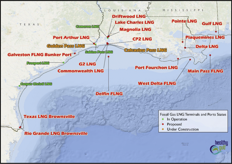 Map of existing and proposed LNG export terminals along the Texas, Louisiana, and Mississippi coast. 