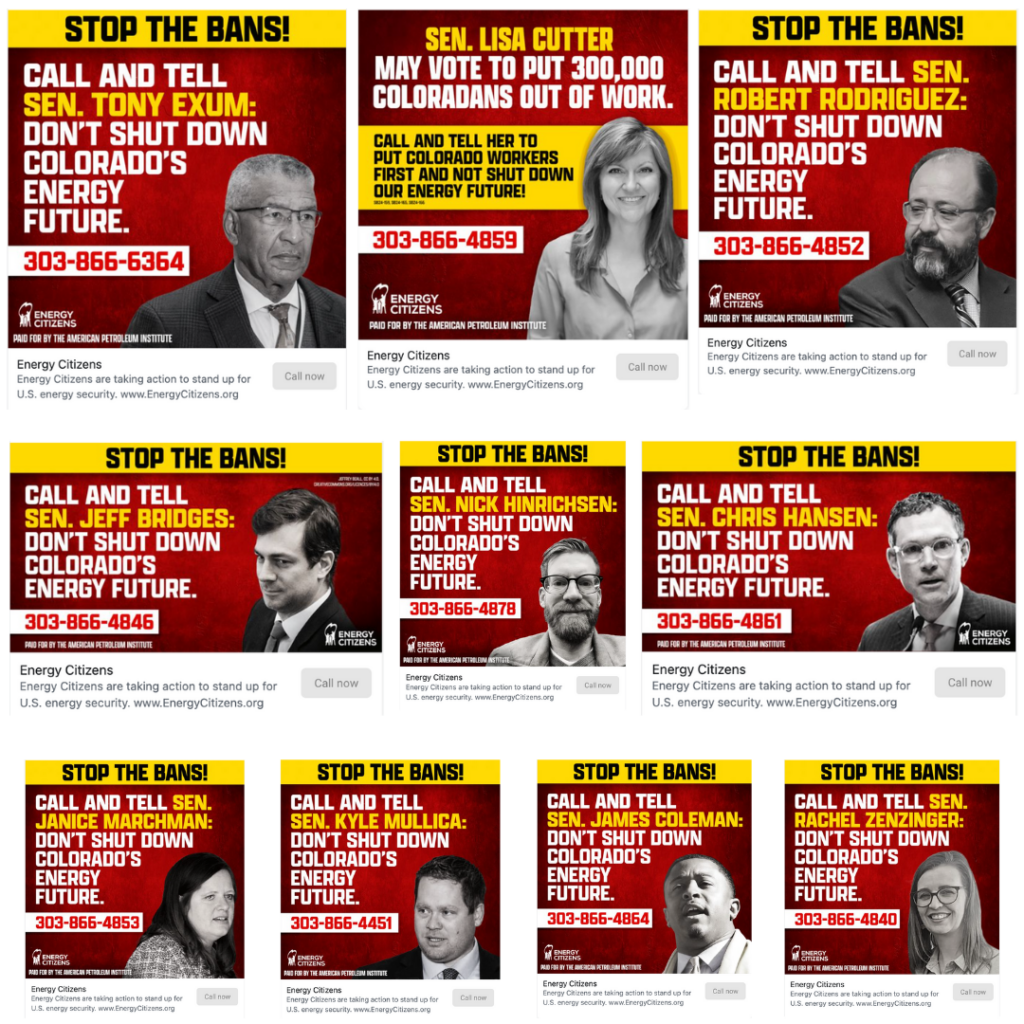 The ads are yellow and red, each with a photo of the named legislator, and have variations on this text with different named legislators: "Stop the bans! Call and tell Sen. Tony Exum: Don't shut down Colorado's energy future."