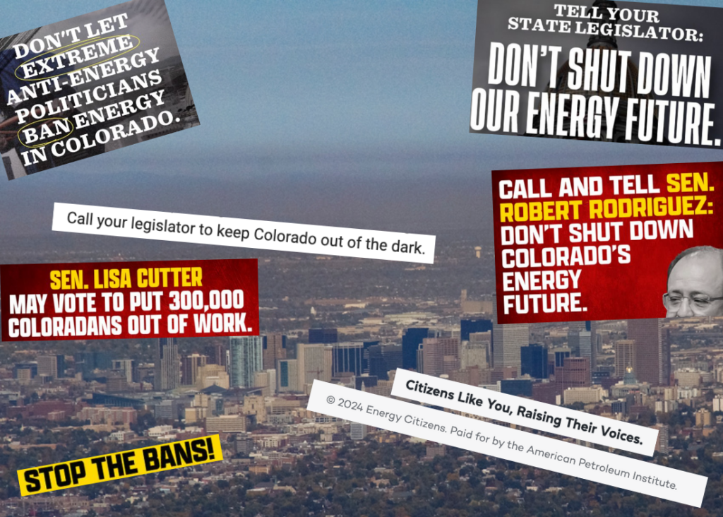 A photo looking down on Denver, Colorado, shows the city shrouded by brown smog. Overlaid on that are ads with text including, "Don't let extreme anti-energy politicians ban energy in Colorado" and "Stop the Bans!"
