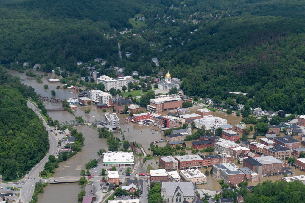 This aerial photo shows the river jumped its boundaries, leaving previously waterfront buildings partially submerged