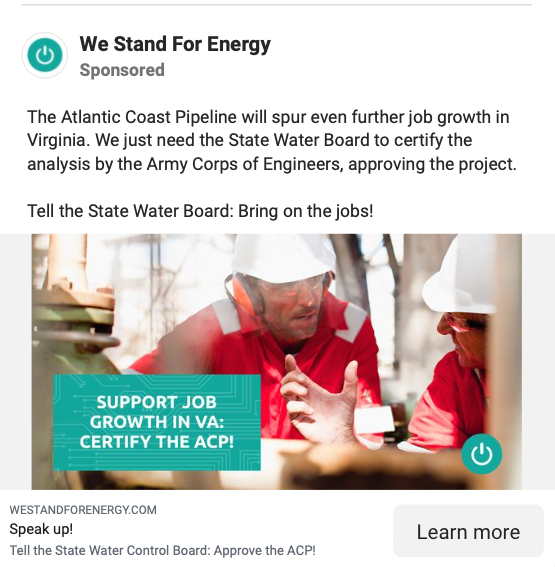 We Stand for Energy ad supporting Atlantic Coast pipeline