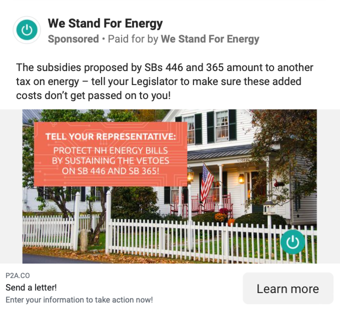 We Stand for Energy ad opposing rooftop solar in New Hampshire