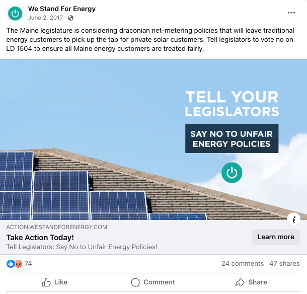 We Stand for Energy Facebook ad opposing Maine net metering