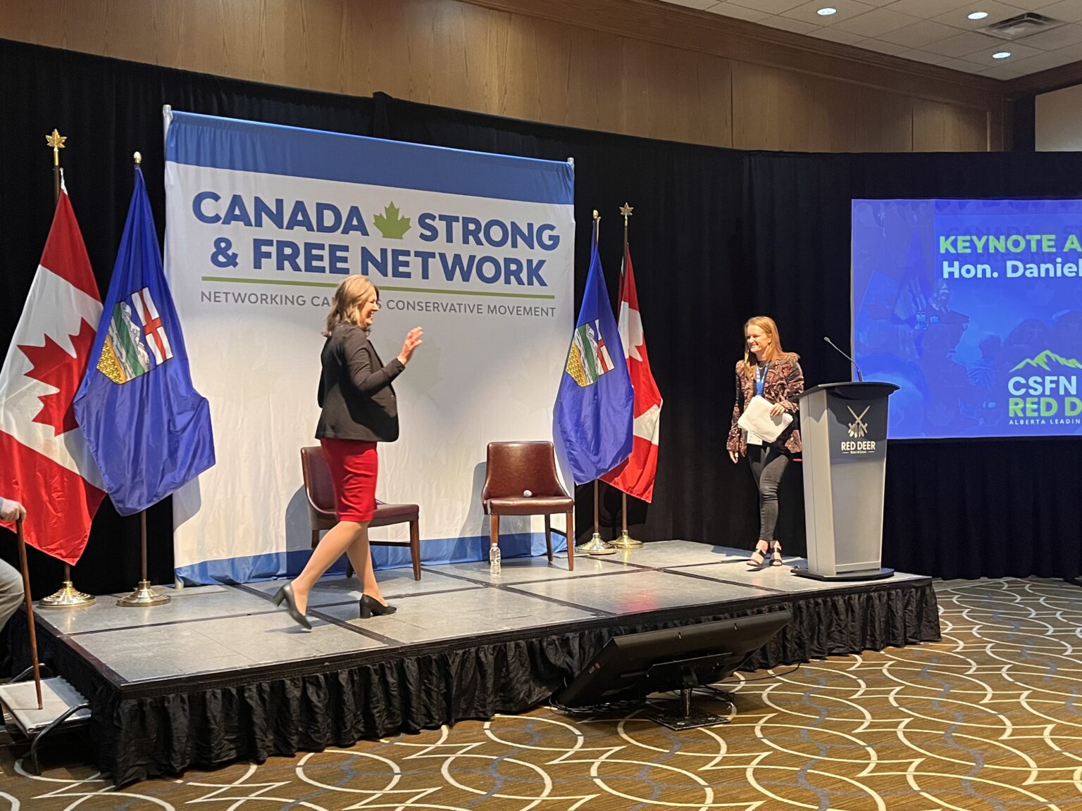 Alberta Premier Danielle Smith takes the stage at the Canada Strong and Free Network conference in Red Deer.