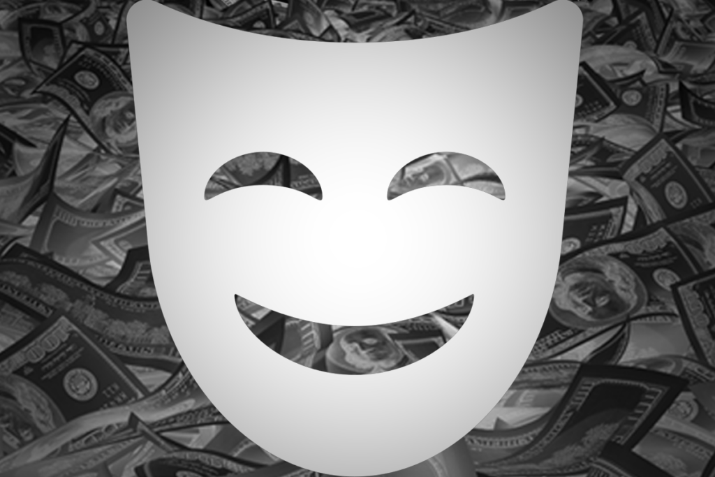 White theater mask with smiling face on gray background of dollar bills.