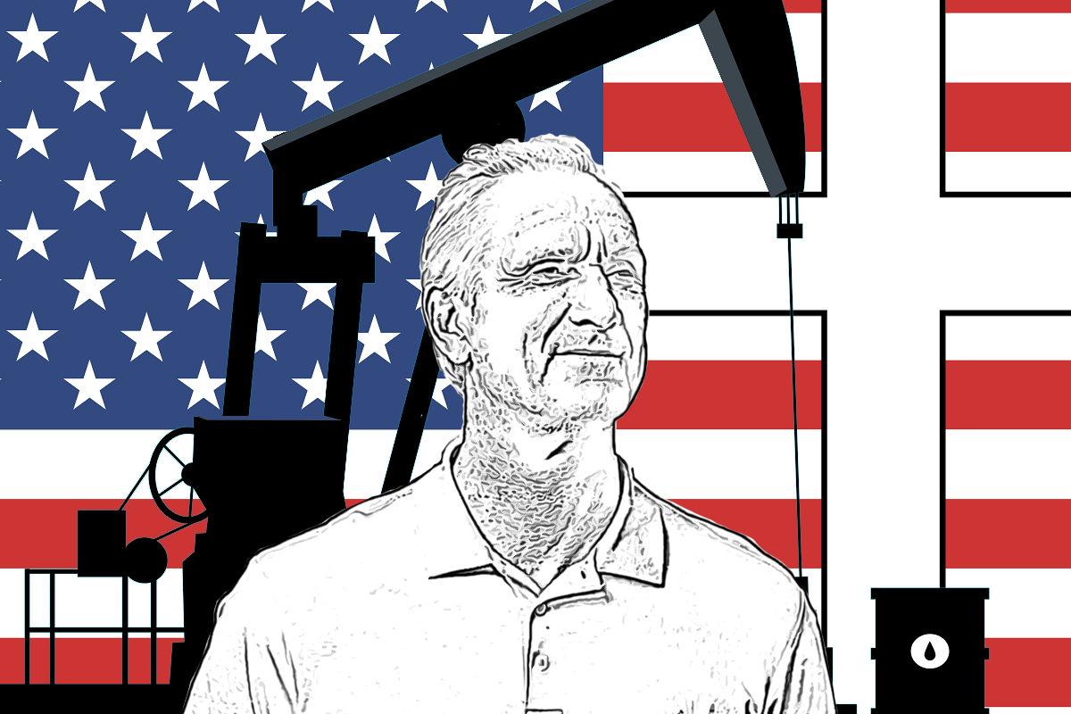 Black and white illustration of Tim Dunn in center, with a red, white and blue American flag background, a white Christian cross, and black silhouette of an oil rig and oil drum.