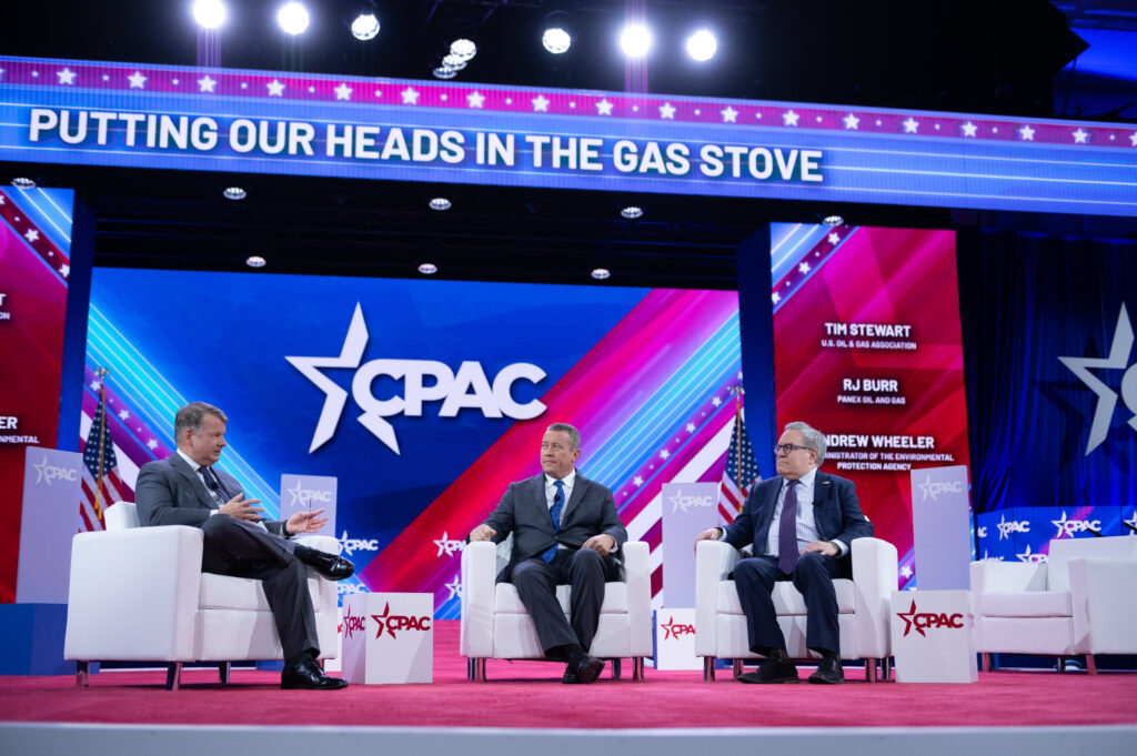 Former EPA Administrator Andrew Wheeler, right, appeared with two oil industry representatives on a February 2024 panel titled "Putting our Heads in the Gas Stove."