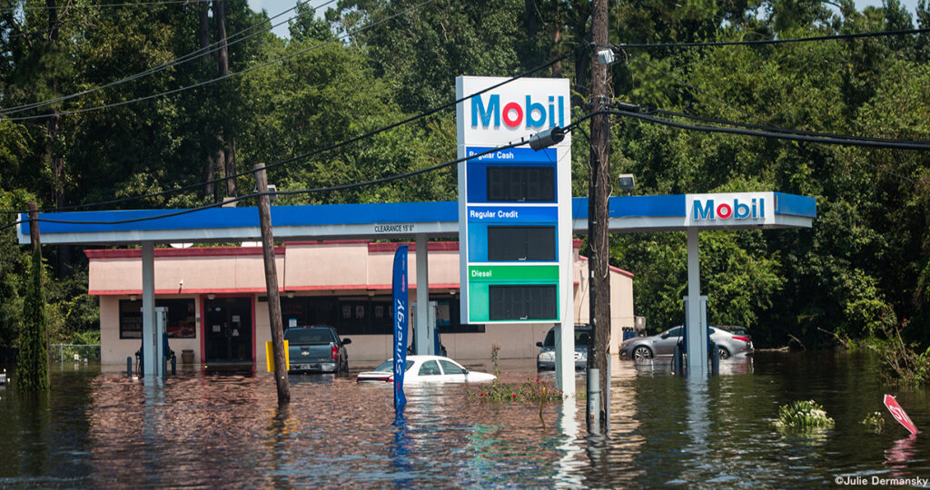 A flooded Mobil gas station in Vidor, Texas.