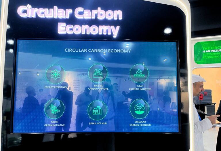 A display in the Saudi Arabia pavilion at COP29 that promotes climate actions such as mobile carbon capture and carbon capture and storage