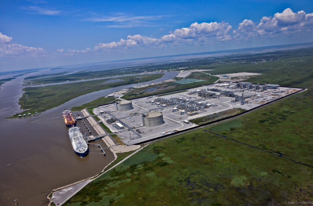 Venture Global's Calcasieu Pass LNG export terminal with two LNG tankers loading.