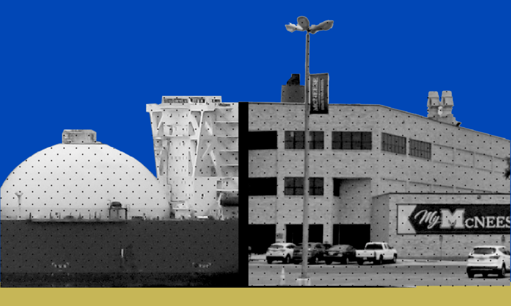 Left, the rounded portion and tower of the top of a liquefied natural gas tanker, and right the three story academic building and parking lot with a banner reading "My McNeese"