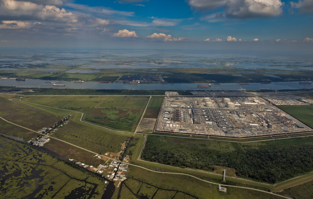 Aerial view of a flare at Venture Global’s Plaquemines LNG export terminal