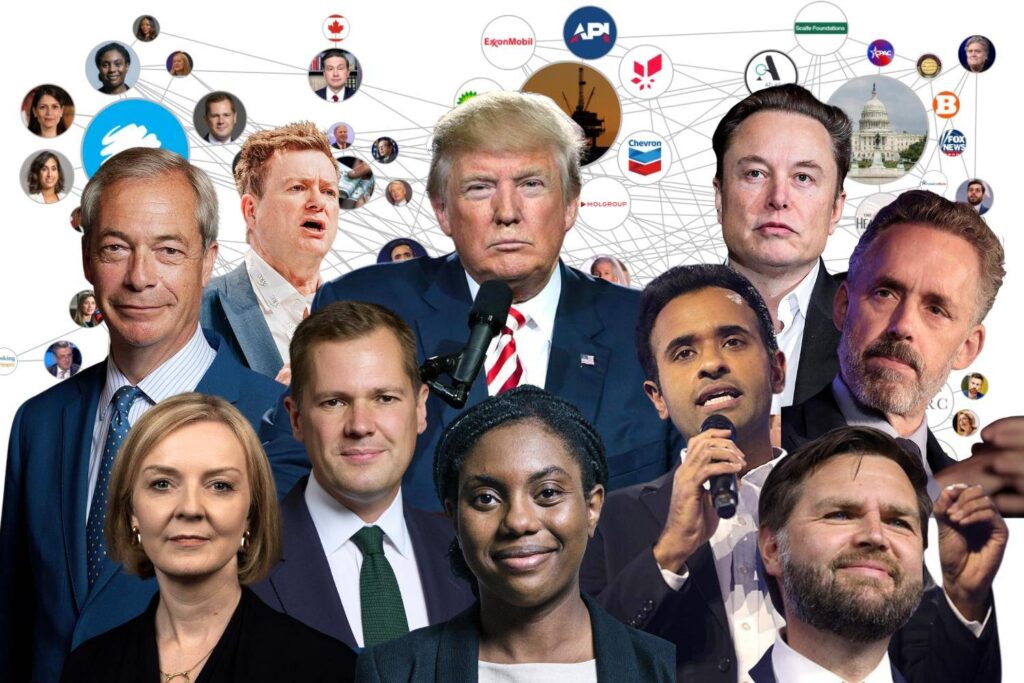 Donald Trump, Elon Musk, JD Vance, Vivek Ramaswamy, Kemi Badenoch, Nigel Farage, Liz Truss, Robert Jenrick, Paul Marshall, Jordan Peterson, against a background of smaller portraits of international politicians, leaders of think tanks, media outlets, and donors in the U.S., U.K., and Canada, connected by lines of connection in a network map.