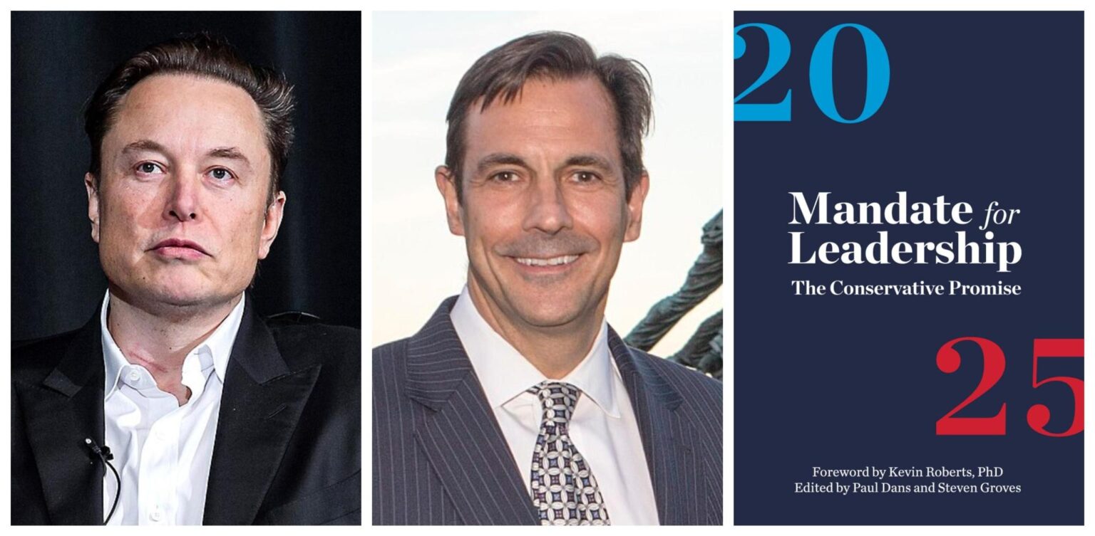 Left, Elon Musk, middle, Mark Paoletta, right, navy blue background cover of Project 2025's 'Mandate for Leadership'