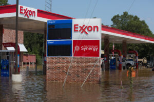 Hurricane Harvey, downgraded to a tropical storm when it flooded Vidor, Texas, flooded an Exxon gas station, Sept. 1, 2017.