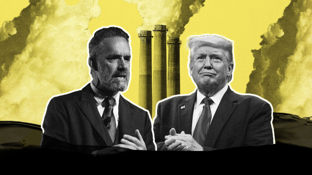 Collaged image of Jordan Peterson and Donald Trump against a yellow background with smokestacks.